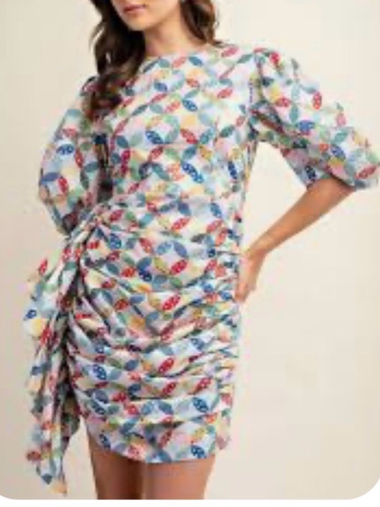 Gigio Dresses & Skirts - GiGiO Wedding Ring Quilt Patchwork Ruched Puff Sleeve Mini Dress M